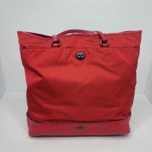 Coach Red Nylon Leather Zip‎ Top Shoulder Tote Bag Purse F57903